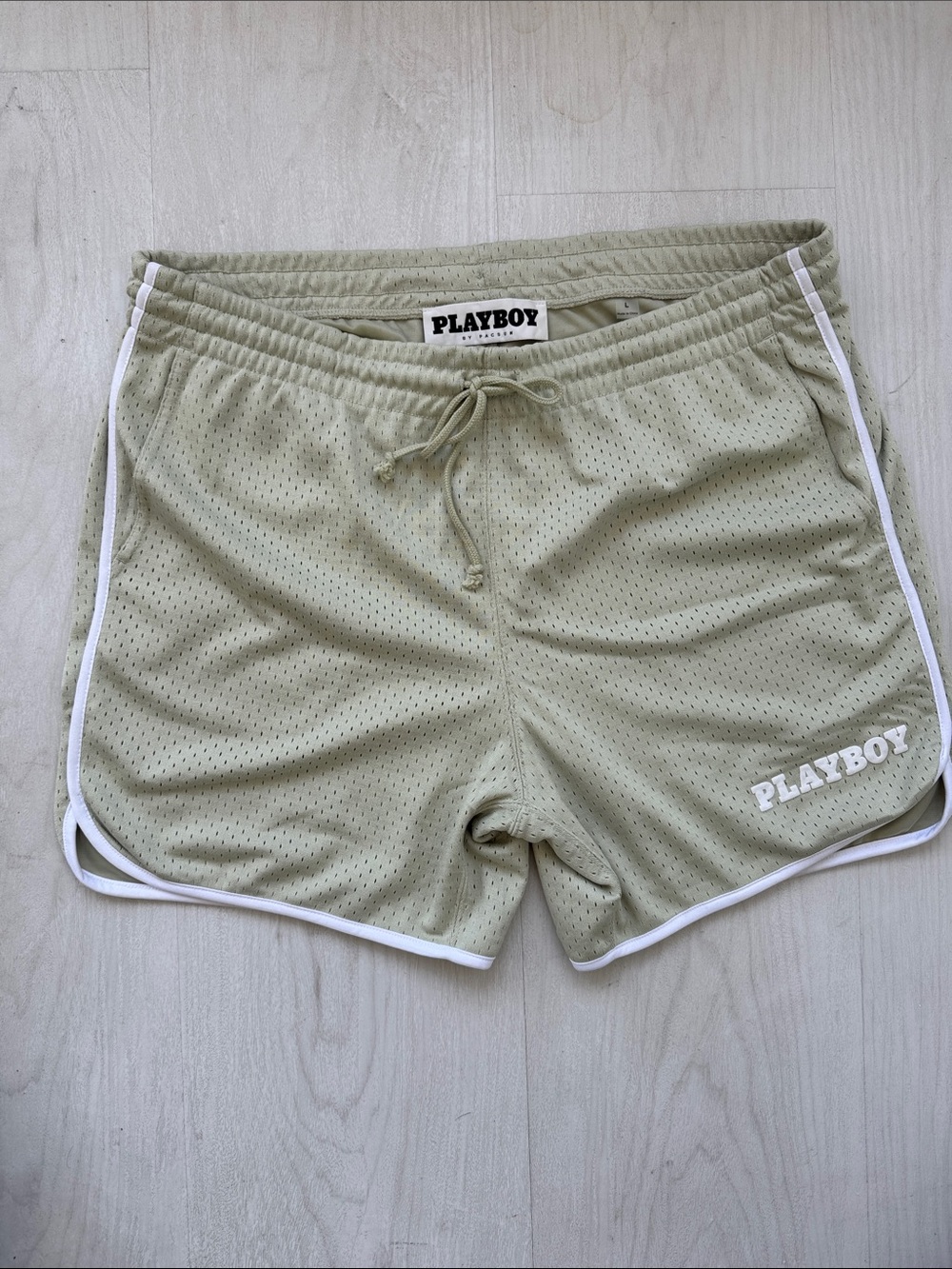 PLAYBOY by Pacsun Olive Green Mesh Athletic Shorts with White Trim